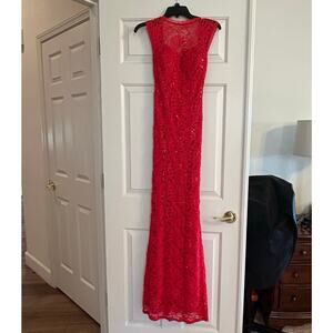 B. Darlin Red Floral Lace Sequins Floor Length Prom Dress Open Back Size 3/4
